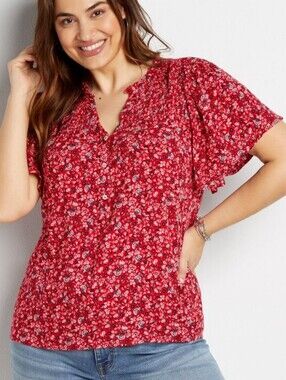 MAURICES Red Ditsy Floral Flutter Sleeve Top Bandana Print Navy White Americana